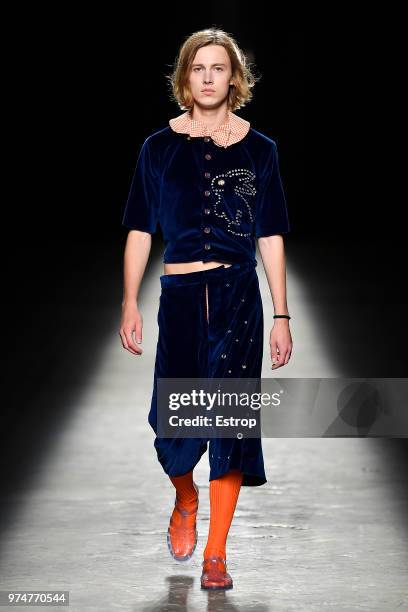 Model walks the runway at the Polimoda show during the Pitti Uomo 94 on June 12, 2018 in Florence, Italy.