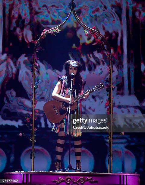 Danish singer and songwriter Aura Dione performs live at ''The Dome 53'' concert event at the Velodrom on March 5, 2010 in Berlin, Germany.