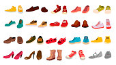 Footwear Set Vector. Stylish Shoes. For Man And Woman. Sandals. Different Seasons. Design Element. Flat Cartoon Isolated Illustration