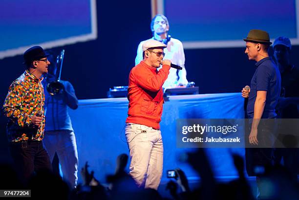 Rappers Bjoern Beton, Koenig Boris and Dr. Renz of the band Fettes Brot perform live at ''The Dome 53'' concert event at the Velodrom on March 5,...