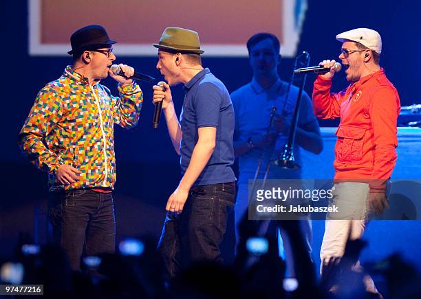 Rappers Bjoern Beton, Dr. Renz and Koenig Boris of the band Fettes Brot perform live at ''The Dome 53'' concert event at the Velodrom on March 5,...