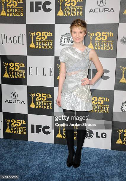 Actress Mia Wasikowska arrives at the 25th Film Independent Spirit Awards sponsored by Piaget held at Nokia Theatre L.A. Live on March 5, 2010 in Los...