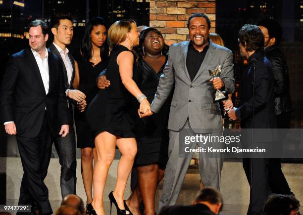 Singer/actress Mariah Carey, actress Gabourey Sidibe and director Lee Daniels, winners Best Feature for "Precious," onstage during the 25th Film...