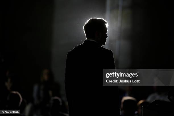 Engineer and tech entrepreneur Elon Musk of The Boring Company listens as Chicago Mayor Rahm Emanuel talks about constructing a high speed transit...