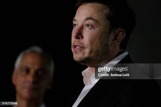 Chicago Mayor Rahm Emanuel listens to engineer and tech entrepreneur Elon Musk of The Boring Company talks about constructing a high speed transit...