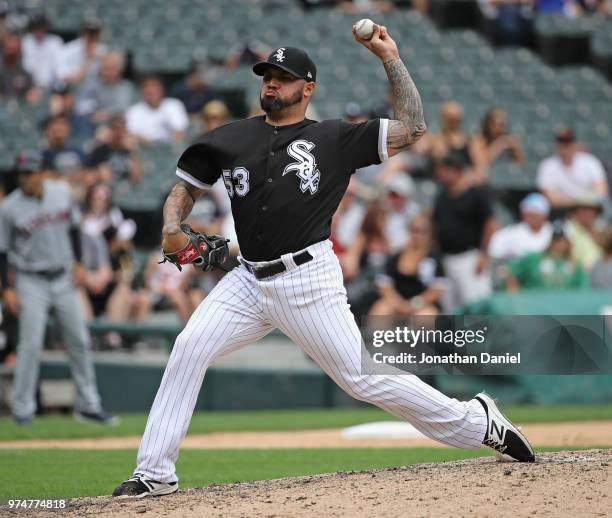 Hector Santiago of the Chicago White Sox pitches in the 9th inning against the Cleveland Indians at Guaranteed Rate Field on June 14, 2018 in...