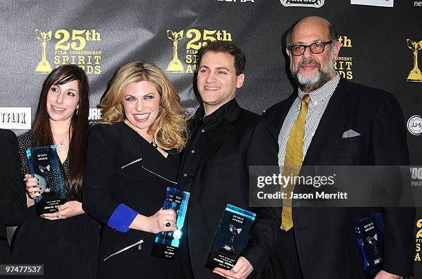 Actors Jessica McManus, Sari Lennick, Michael Stuhlbarg and Fred Melamed, winners of Robert Altman award for "A Serious Man," pose in the press room...