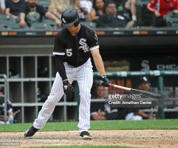 Adam Engel of the Chicago White Sox reacts after striking out to end the game against the Cleveland Indians at Guaranteed Rate Field on June 14, 2018...