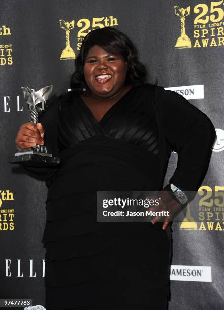 Actress Gabourey Sidibe, winner Best Female Lead for 'Precious,' poses in the press room at the 25th Film Independent's Spirit Awards held at Nokia...