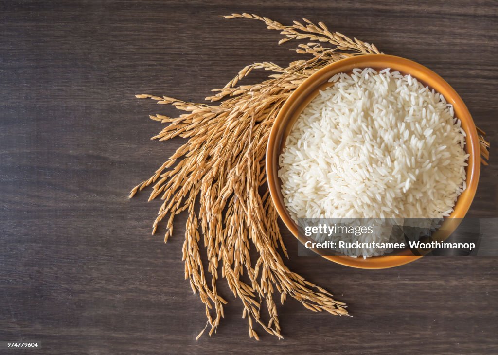 生白米 (タイのジャスミン米) 茶色のボウルとご飯や木製の背景の未粉砕イネの穂