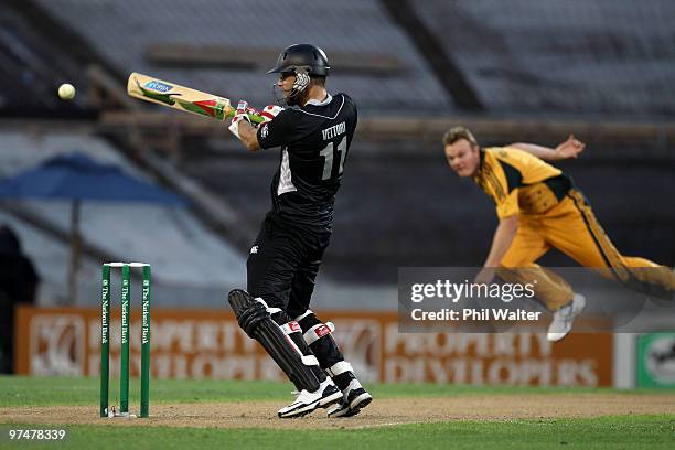 Daniel Vettori of New Zealand bats during the Second One Day International match between New Zealand and Australia at Eden Park on March 6, 2010 in...