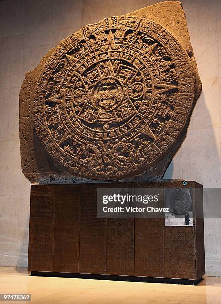 The Aztec calendar stone, Mexica sun stone, or Stone of the Sun is a large monolithic sculpture that was excavated in the Zocalo is part of the...