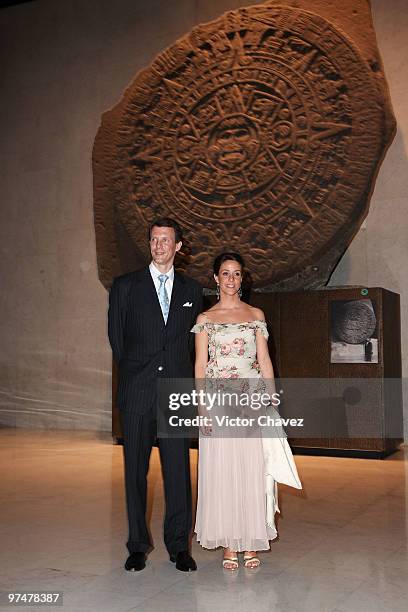 Prince Joachim and Princess Marie of Denmark visit the Mexica exhibition room, behind them is the Aztec calendar stone at the Antropologic National...