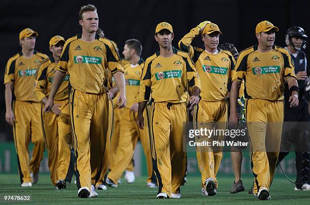 Ricky Ponting leads his side off the ground after winning the Second One Day International match between New Zealand and Australia at Eden Park on...