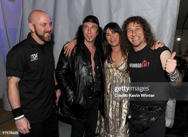 Musicians Glenn Five and Robb Reiner, producer Rebecca Yeldham and musician Steve 'Lips' Kudlow backstage at the 25th Film Independent's Spirit...