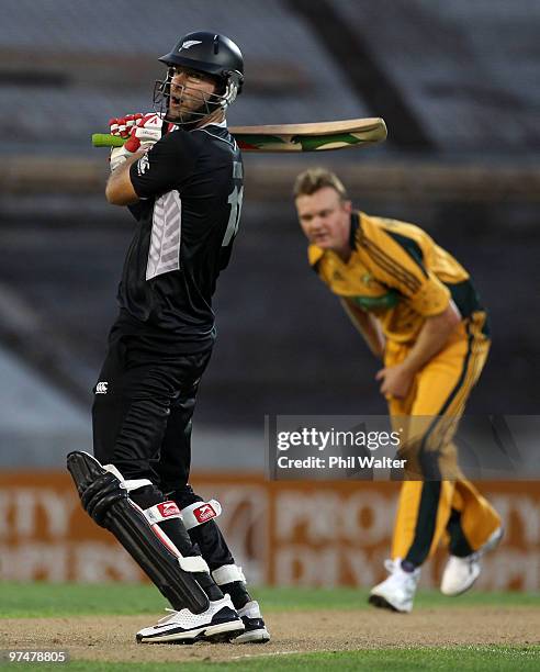 Daniel Vettori of New Zealand bats during the Second One Day International match between New Zealand and Australia at Eden Park on March 6, 2010 in...