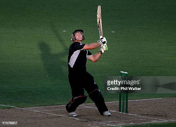 Gareth Hopkins of New Zealand bats during the Second One Day International match between New Zealand and Australia at Eden Park on March 6, 2010 in...