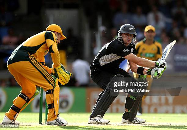 Scott Styris of New Zealand bats during the Second One Day International match between New Zealand and Australia at Eden Park on March 6, 2010 in...