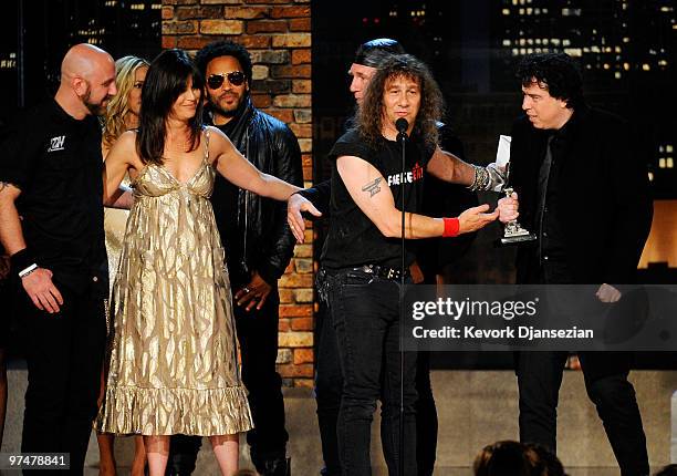 Musician Glenn Five of Anvil, producer Rebecca Yeldham, musicians Robb Reiner and Steve 'Lips' Kudlow of Anvil, and director Sacha Gervasi, winners...