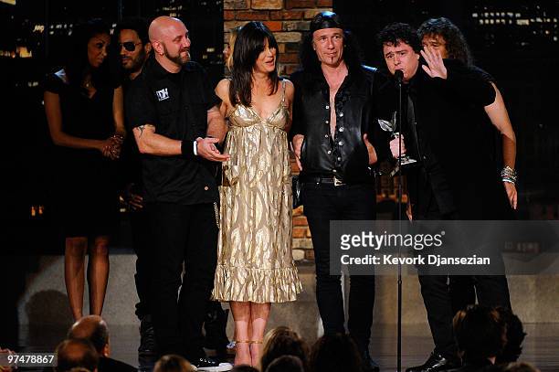Musician Glenn Five, producer Rebecca Yeldham, musician Robb Reiner and director Sacha Gervasi, accept the award Best Documentary for 'Anvil! The...