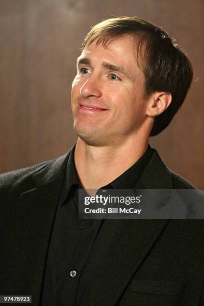 Drew Brees from the New Orleans Saints, winner of the Bert Bell Award for NFL Professional Player of the Year, attends the Press for the 73rd Maxwell...