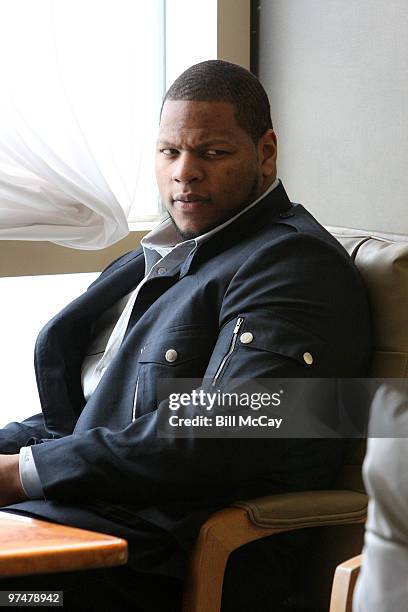 Ndamukong Suh from the University of Nebraska, winner of the Chuck Bednarik Award for College Defensive Player of the Year, attends the Press for the...