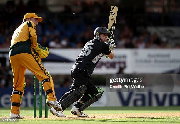 Scott Styris of New Zealand bats during the Second One Day International match between New Zealand and Australia at Eden Park on March 6, 2010 in...