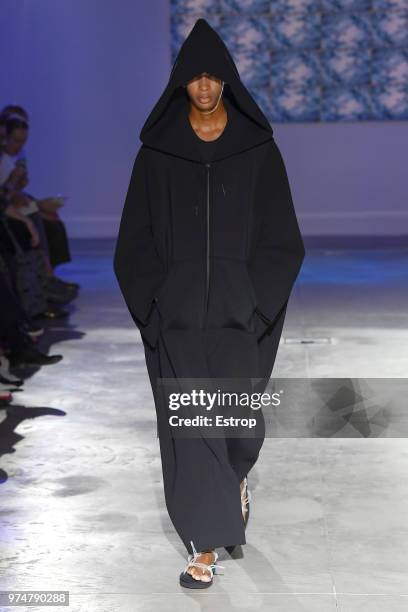 Model walks the runway at the Fumito Ganryu fashion show during the 94th Pitti Immagine Uomo on June 13, 2018 in Florence, Italy.