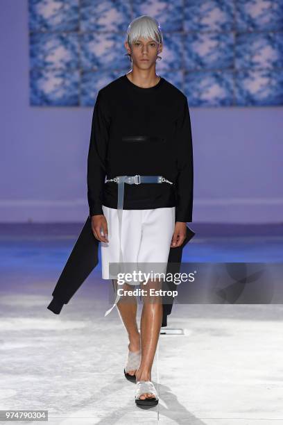 Model walks the runway at the Fumito Ganryu fashion show during the 94th Pitti Immagine Uomo on June 13, 2018 in Florence, Italy.