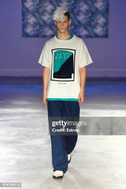 Model walks the runway at the Fumito Ganryu fashion show during the 94th Pitti Immagine Uomo on June 13, 2018 in Florence, Italy.