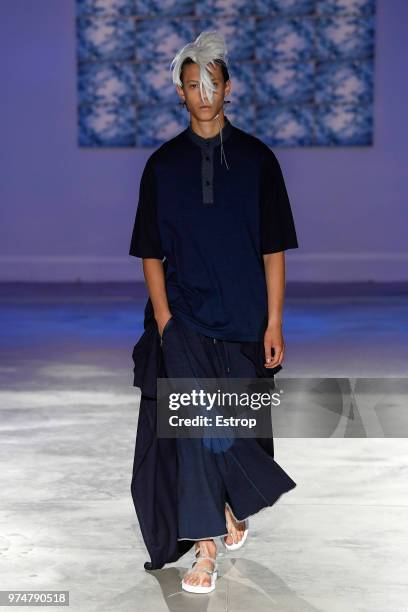 Model walks the runway at the Fumito Ganryu fashion show during the 94th Pitti Immagine Uomo on June 13, 2018 in Florence, Italy.