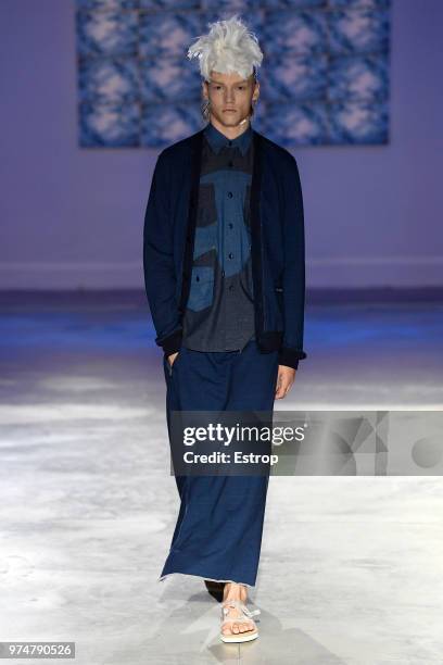 Model walks the runway at the Fumito Ganryu fashion show during the 94th Pitti Immagine Uomo on June 13, 2018 in Florence, Italy.