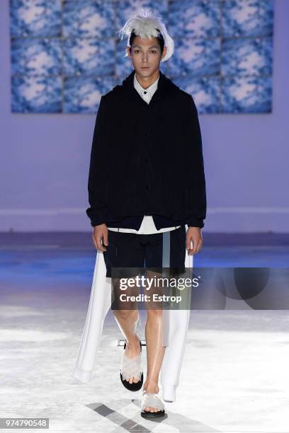 Model walks the runway at the Fumito Ganryu fashion show during the 94th Pitti Immagine Uomo on June 13, 2018 in Florence, Italy.