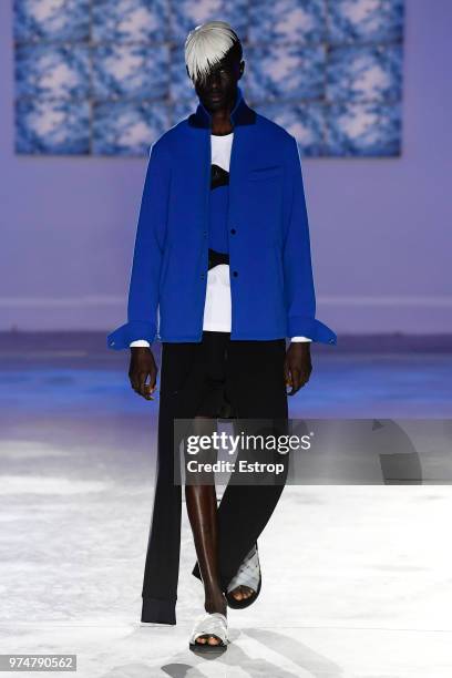 Model walks the runway at the Fumito Ganryu fashion show during the 94th Pitti Immagine Uomo on June 13, 2018 in Florence, Italy.