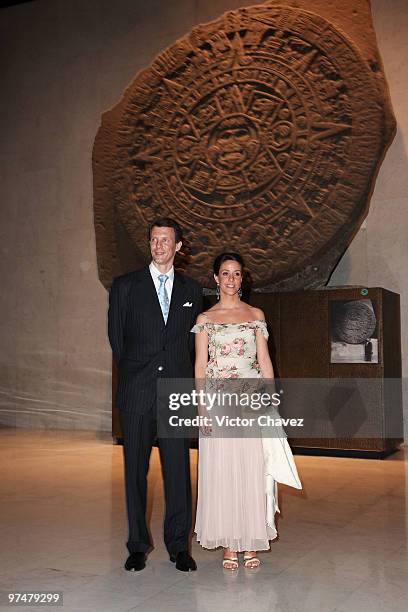 Prince Joachim and Princess Marie of Denmark visit the Mexica exhibition room, behind them is the Aztec calendar stone at the Antropologic National...