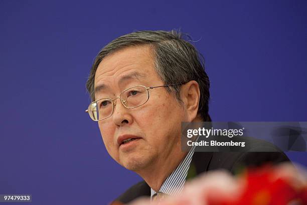 Zhou Xiaochuan, governor of the People's Bank of China, speaks at a news conference at the Great Hall of the People in Beijing, China, on Saturday,...