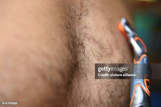 May 2018, Germany, Munich: Black chest hair and a shaver seen on a man in a sports centre. Photo: Felix Hörhager/dpa