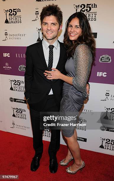 Actor Adam Scott and guest attend the 25th Film Independent Spirit Awards after party held at the Nokia Theatre L.A. Live on March 5, 2010 in Los...