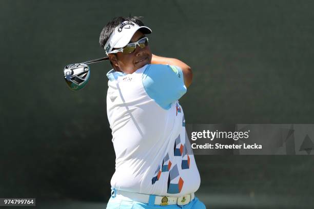 Kiradech Aphibarnrat of Thailand plays his shot from the fourth tee during the first round of the 2018 U.S. Open at Shinnecock Hills Golf Club on...