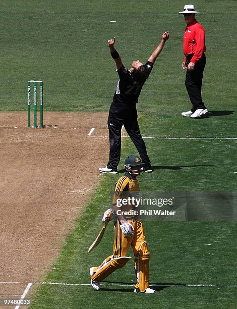 Shane Bond of New Zealand celebrates his wicket of Michael Clarke of Australia during the Second One Day International match between New Zealand and...