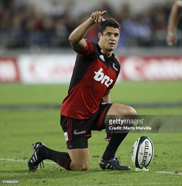 Daniel Carter of the Crusaders lines up a conversion during the round four Super 14 match between the Crusaders and the Blues at AMI Stadium on March...