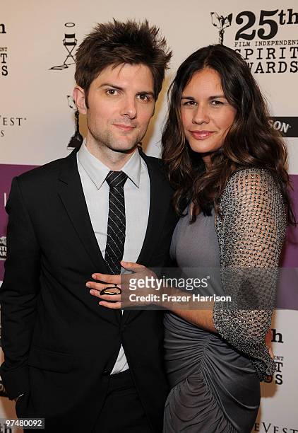 Actor Adam Scott and guest attend the 25th Film Independent Spirit Awards after party held at the Nokia Theatre L.A. Live on March 5, 2010 in Los...