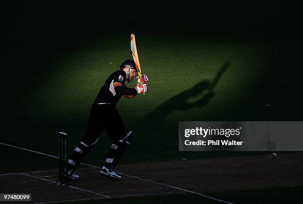 Daniel Vettori of New Zealand bats during the Second One Day International match between New Zealand and Australia at Eden Park on March 6, 2010 in...