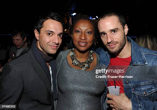 Producers Asger Hussain and Lisa Cortes and director Sebastian Silva attend the 25th Film Independent Spirit Awards after party held at the Nokia...