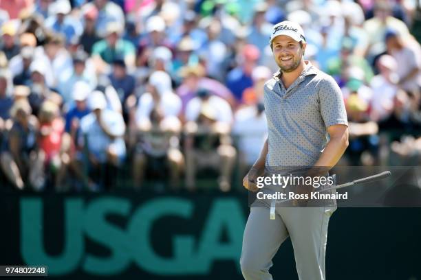 Peter Uihlein of the United States smiles on the seventh green during the first round of the 2018 U.S. Open at Shinnecock Hills Golf Club on June 14,...