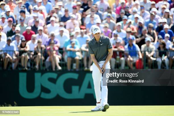 Aaron Wise of the United States reacts on the seventh green during the first round of the 2018 U.S. Open at Shinnecock Hills Golf Club on June 14,...