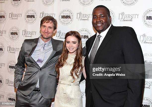 Actors Ray McKinnon, Lily Collins and Aaron Quinn attend the 17th annual Multicultural Motion Picture Association student filmmaker Oscar luncheon at...