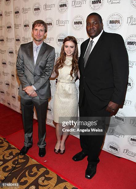 Actors Ray McKinnon, Lily Collins and Aaron Quinn attend the 17th annual Multicultural Motion Picture Association student filmmaker Oscar luncheon at...