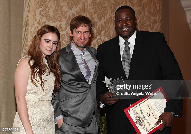 Actors Lily Collins, Ray McKinnon and Aaron Quinn attend the 17th annual Multicultural Motion Picture Association student filmmaker Oscar luncheon at...