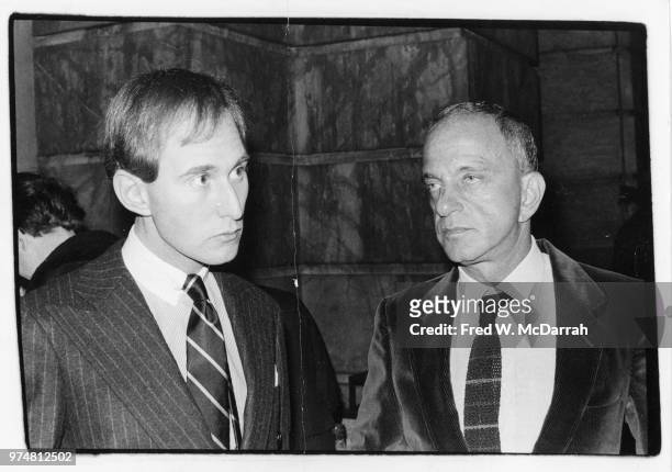 View of American political consultant Roger Stone and attorney Roy Cohn as they attend Ed Koch's mayoral inauguration party, New York, New York,...